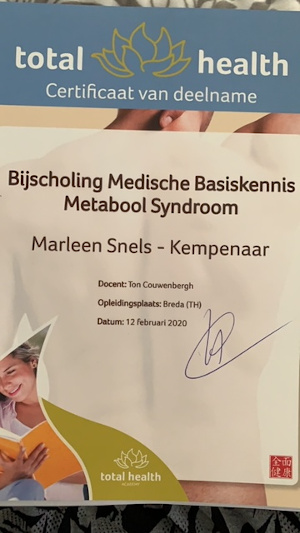 foto van certificaat bijscholing Medische Basiskennis Metabool Syndroom  Marleen Snels-Kempenaar