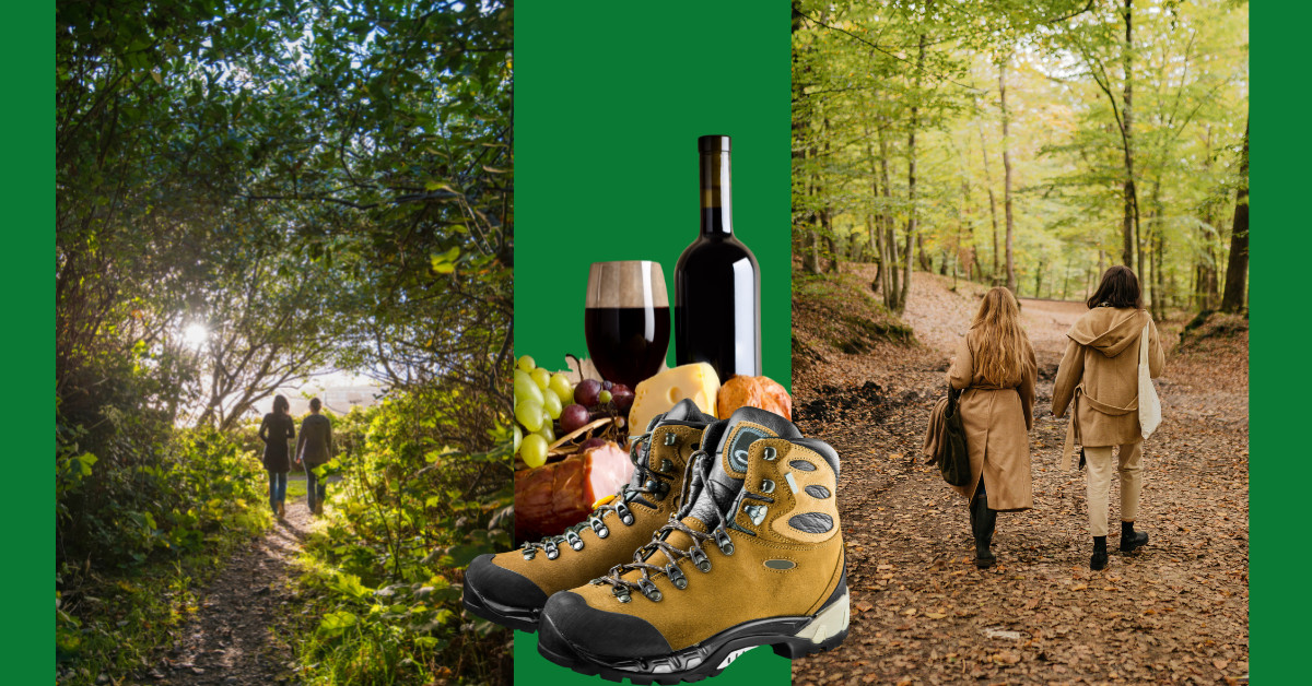 Twee foto's naast elkaar met vrouwen die in een bos wandelen, tussen de twee foto's een foto van wandelschoenen en daarachter een fles wijn met stukken kaas.