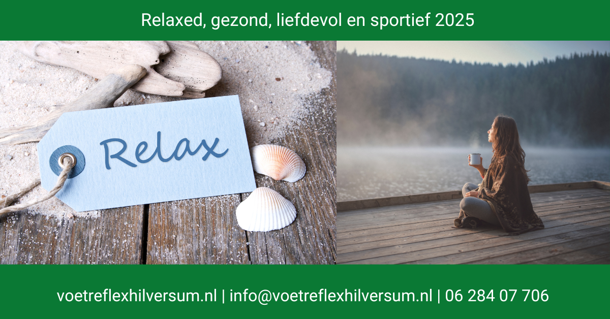 Nieuwjaarswensen 2025 Praktijk voor Westerse en Chinese Voetreflextherapie, met foto van vrouw zittend aan rand van meer met kop hete drank in haar handen.